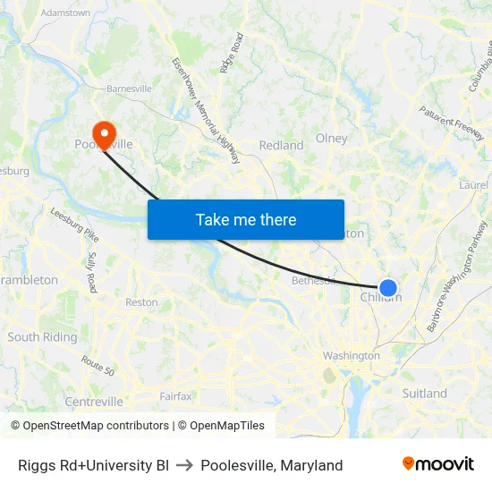 Riggs Rd+University Bl to Poolesville, Maryland map