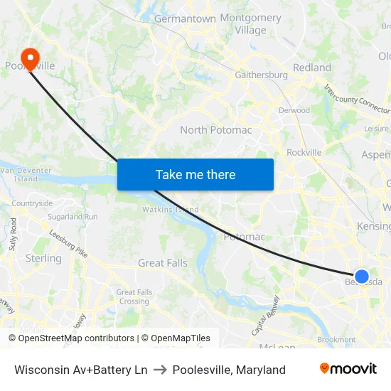 Wisconsin Av+Battery Ln to Poolesville, Maryland map