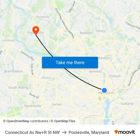 Connecticut Av Nw+R St NW to Poolesville, Maryland map