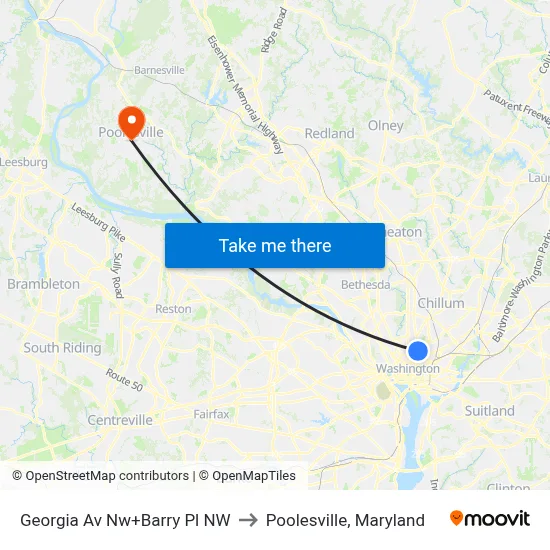 Georgia Av Nw+Barry Pl NW to Poolesville, Maryland map