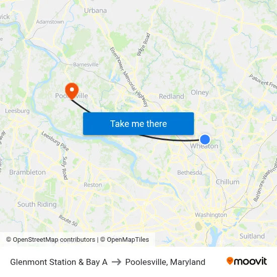 Glenmont Station & Bay A to Poolesville, Maryland map