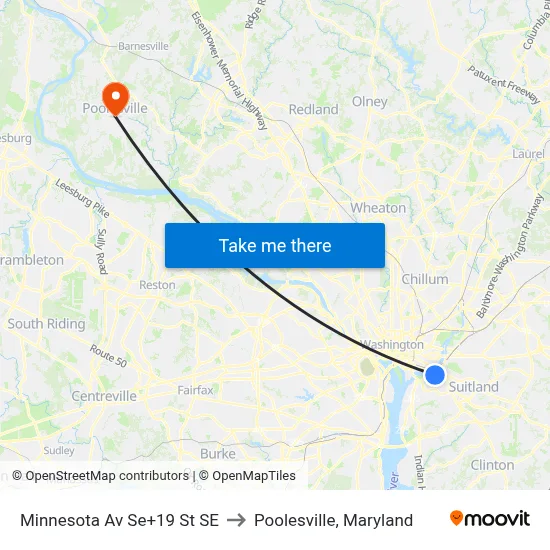 Minnesota Av Se+19 St SE to Poolesville, Maryland map