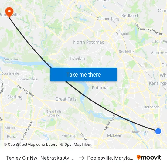 Tenley Cir Nw+Nebraska Av NW to Poolesville, Maryland map