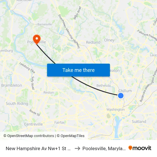 New Hampshire Av Nw+1 St NW to Poolesville, Maryland map