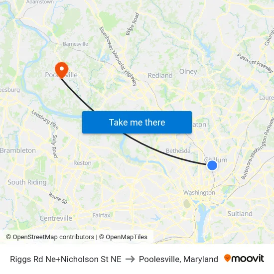 Riggs Rd Ne+Nicholson St NE to Poolesville, Maryland map