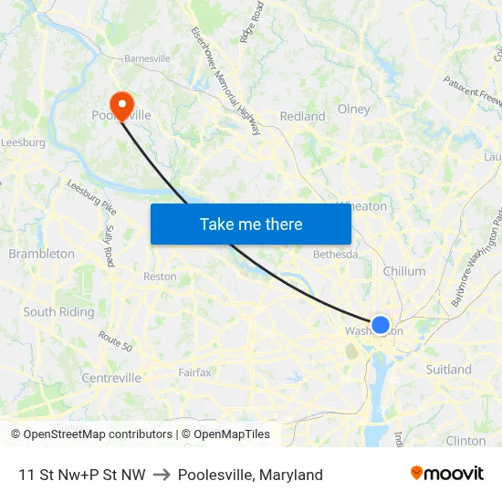 11 St Nw+P St NW to Poolesville, Maryland map