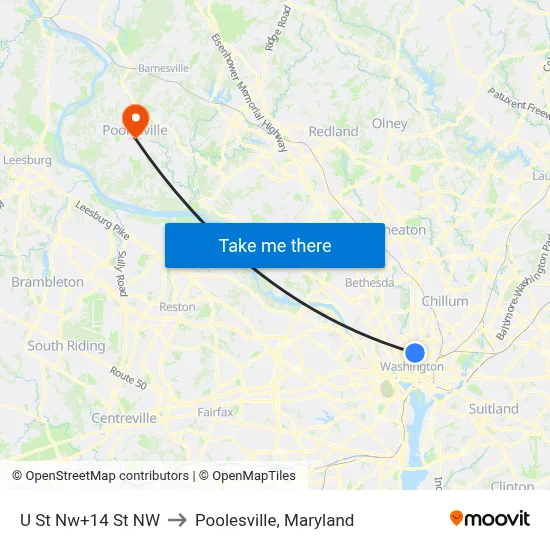 U St Nw+14 St NW to Poolesville, Maryland map