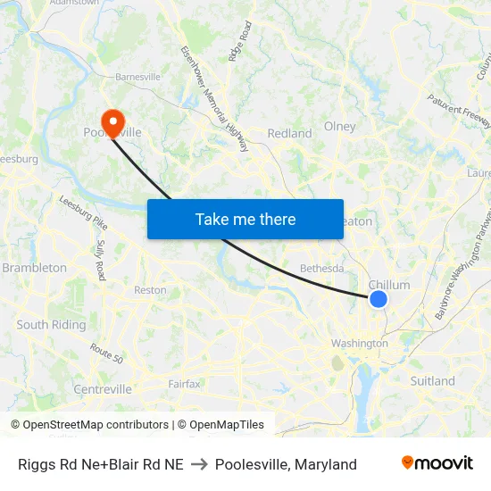 Riggs Rd Ne+Blair Rd NE to Poolesville, Maryland map