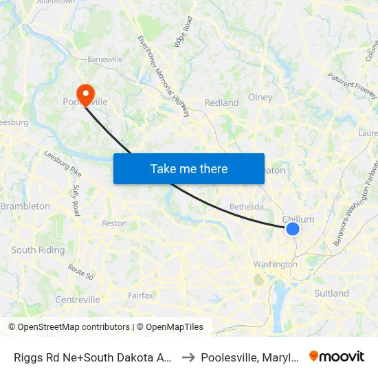 Riggs Rd Ne+South Dakota Av NE to Poolesville, Maryland map