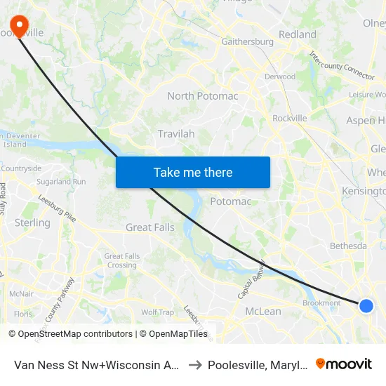 Van Ness St Nw+Wisconsin Av NW to Poolesville, Maryland map