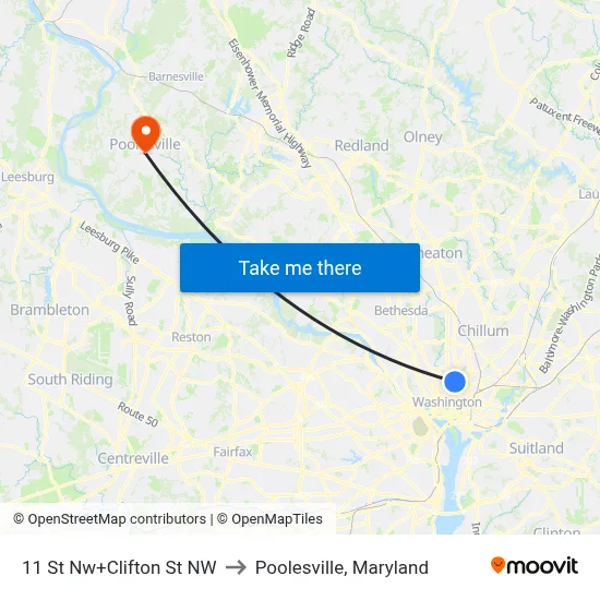 11 St Nw+Clifton St NW to Poolesville, Maryland map