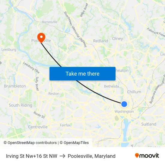 Irving St Nw+16 St NW to Poolesville, Maryland map