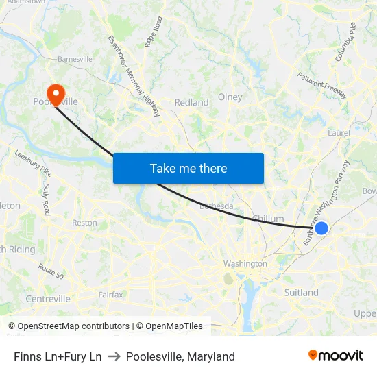 Finns Ln+Fury Ln to Poolesville, Maryland map