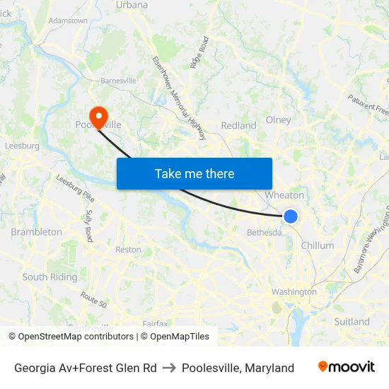 Georgia Av+Forest Glen Rd to Poolesville, Maryland map