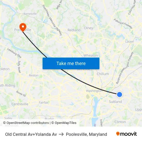 Old Central Av+Yolanda Av to Poolesville, Maryland map