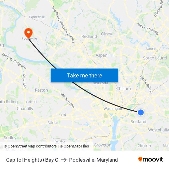 Capitol Heights+Bay C to Poolesville, Maryland map