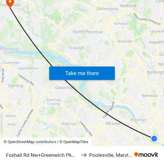 Foxhall Rd Nw+Greenwich Pkwy NW to Poolesville, Maryland map
