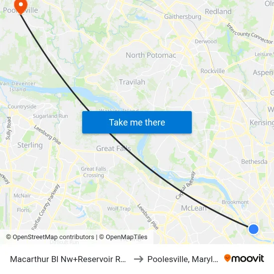 Macarthur Bl Nw+Reservoir Rd NW to Poolesville, Maryland map