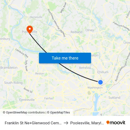 Franklin St Ne+Glenwood Cemetery to Poolesville, Maryland map