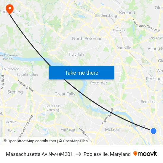 Massachusetts Av Nw+#4201 to Poolesville, Maryland map