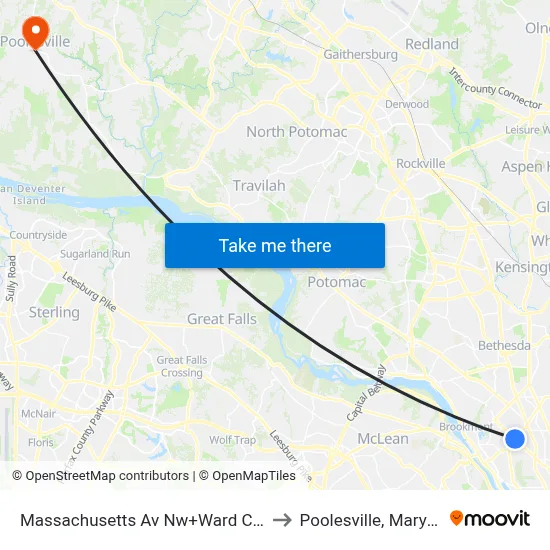 Massachusetts Av Nw+Ward Cir NW to Poolesville, Maryland map