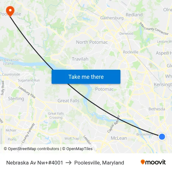 Nebraska Av Nw+#4001 to Poolesville, Maryland map