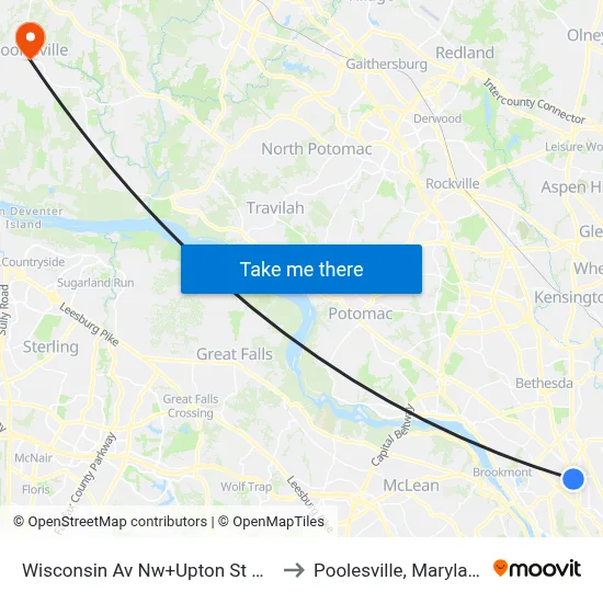Wisconsin Av Nw+Upton St NW to Poolesville, Maryland map