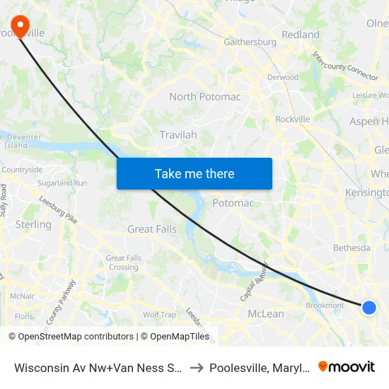 Wisconsin Av Nw+Van Ness St NW to Poolesville, Maryland map