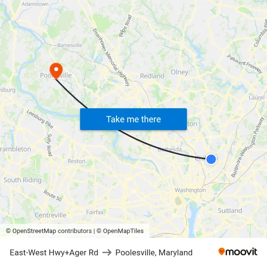 East-West Hwy+Ager Rd to Poolesville, Maryland map