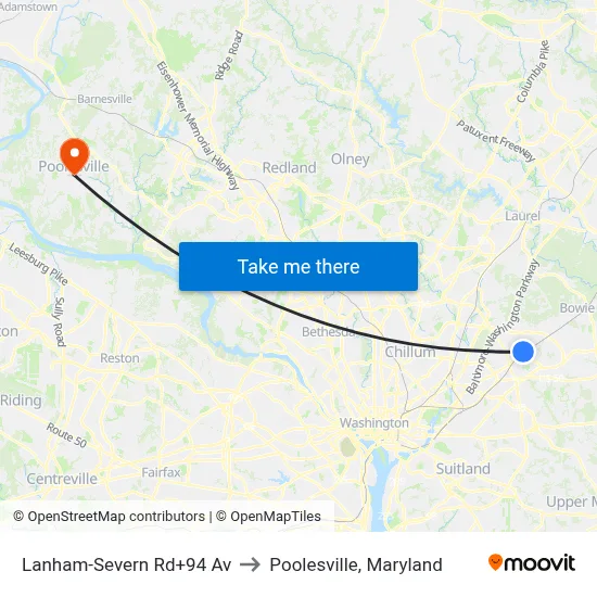 Lanham-Severn Rd+94 Av to Poolesville, Maryland map