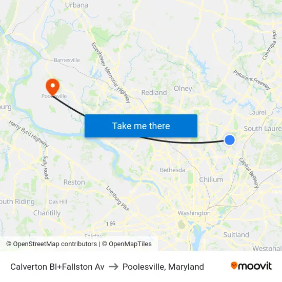 Calverton Bl+Fallston Av to Poolesville, Maryland map