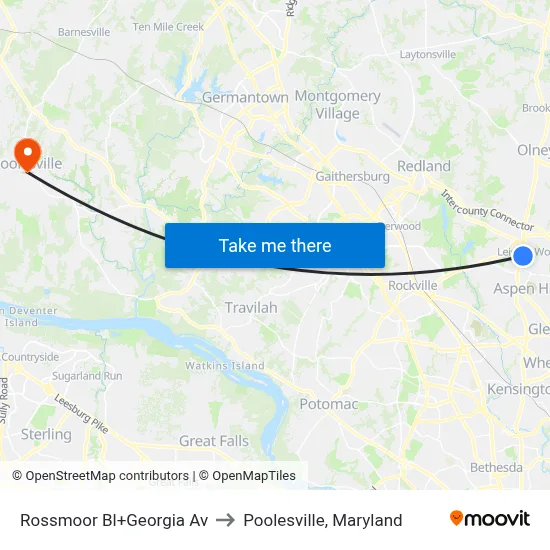 Rossmoor Bl+Georgia Av to Poolesville, Maryland map