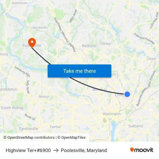Highview Ter+#6900 to Poolesville, Maryland map