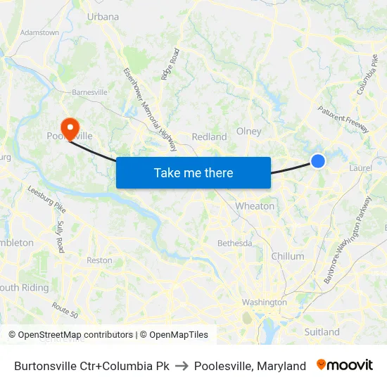 Burtonsville Ctr+Columbia Pk to Poolesville, Maryland map