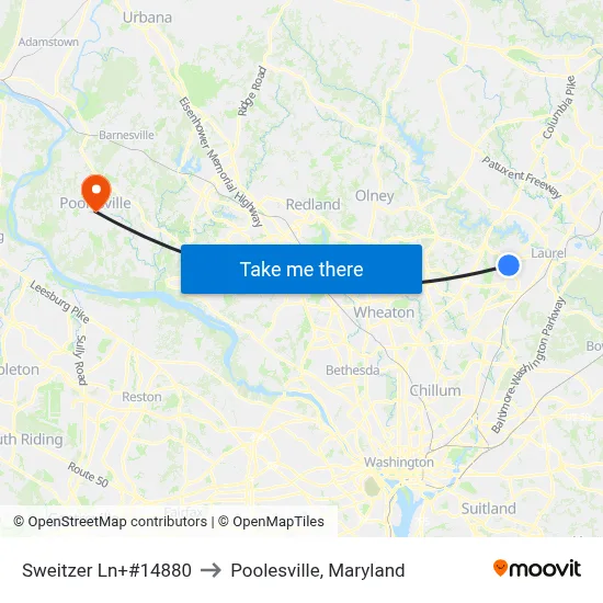 Sweitzer Ln+#14880 to Poolesville, Maryland map