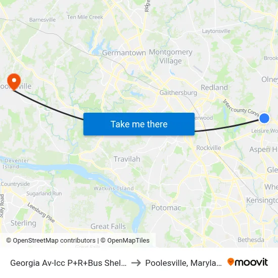 Georgia Av-Icc P+R+Bus Shelter to Poolesville, Maryland map