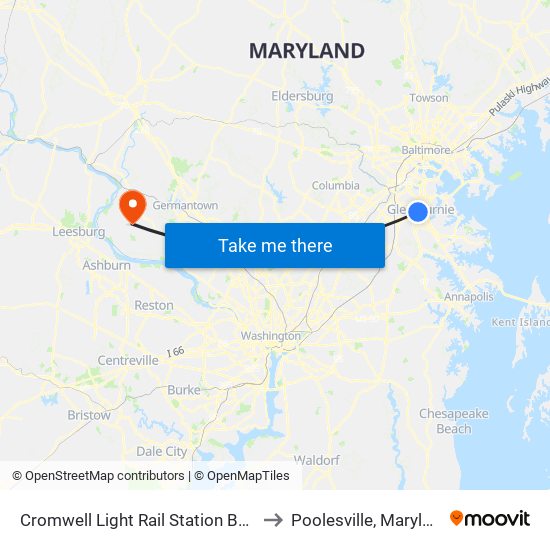 Cromwell Light Rail Station Bay 1 to Poolesville, Maryland map