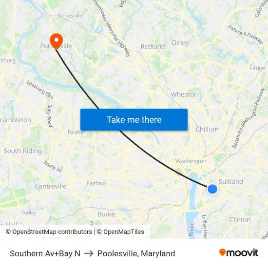 Southern Av+Bay N to Poolesville, Maryland map