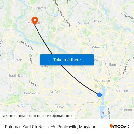 Potomac Yard Ctr North to Poolesville, Maryland map
