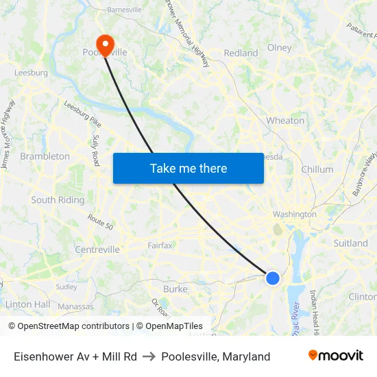 Eisenhower Av + Mill Rd to Poolesville, Maryland map