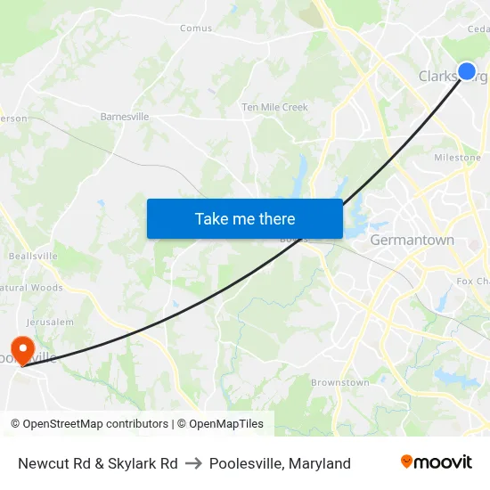 Newcut Rd & Skylark Rd to Poolesville, Maryland map