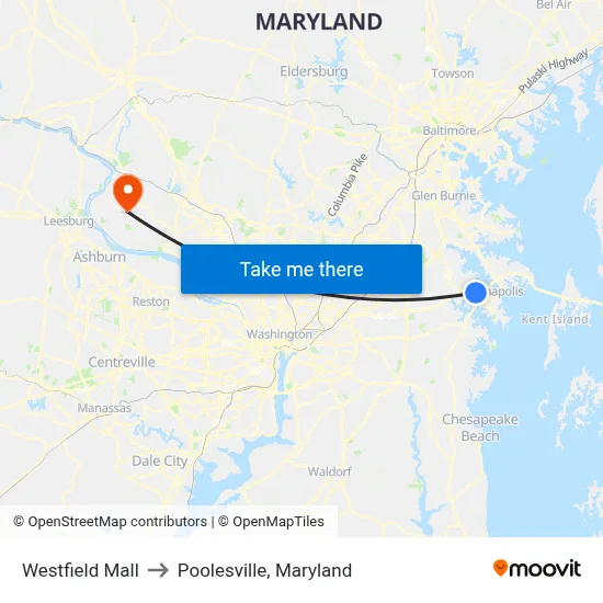 Westfield Mall to Poolesville, Maryland map