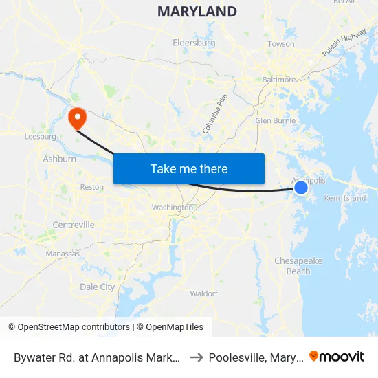 Bywater Rd. at Annapolis Marketplace to Poolesville, Maryland map
