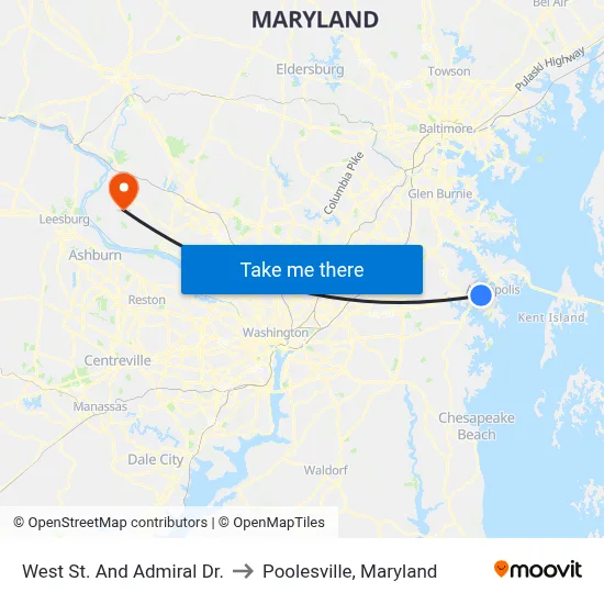 West St. And Admiral Dr. to Poolesville, Maryland map