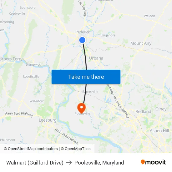 Walmart (Guilford Drive) to Poolesville, Maryland map