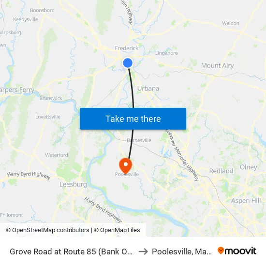 Grove Road at Route 85 (Bank Of America) to Poolesville, Maryland map