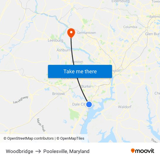 Woodbridge to Poolesville, Maryland map