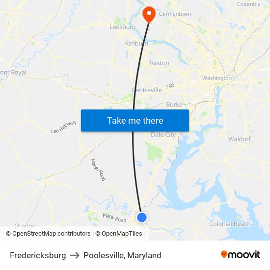 Fredericksburg to Poolesville, Maryland map