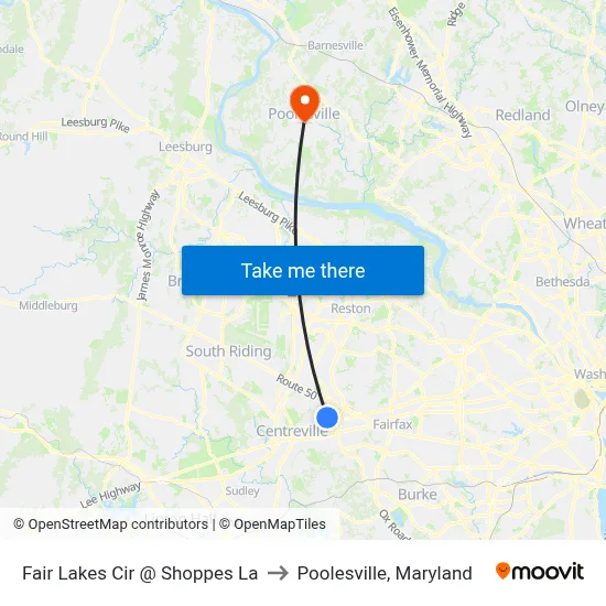 Fair Lakes Cir @ Shoppes La to Poolesville, Maryland map