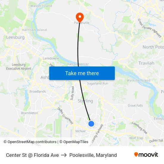 Center St @ Florida Ave to Poolesville, Maryland map
